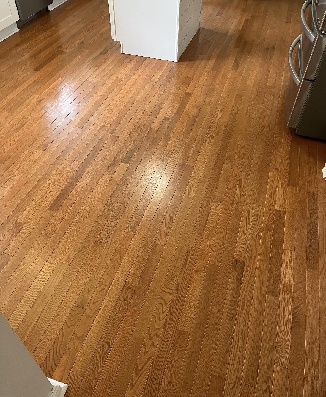 Golden oak hardwood flooring in a kitchen.