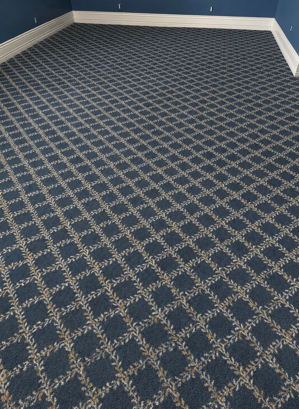 Navy diamond-pattern Milliken carpet in a historic home in downtown Louisville.