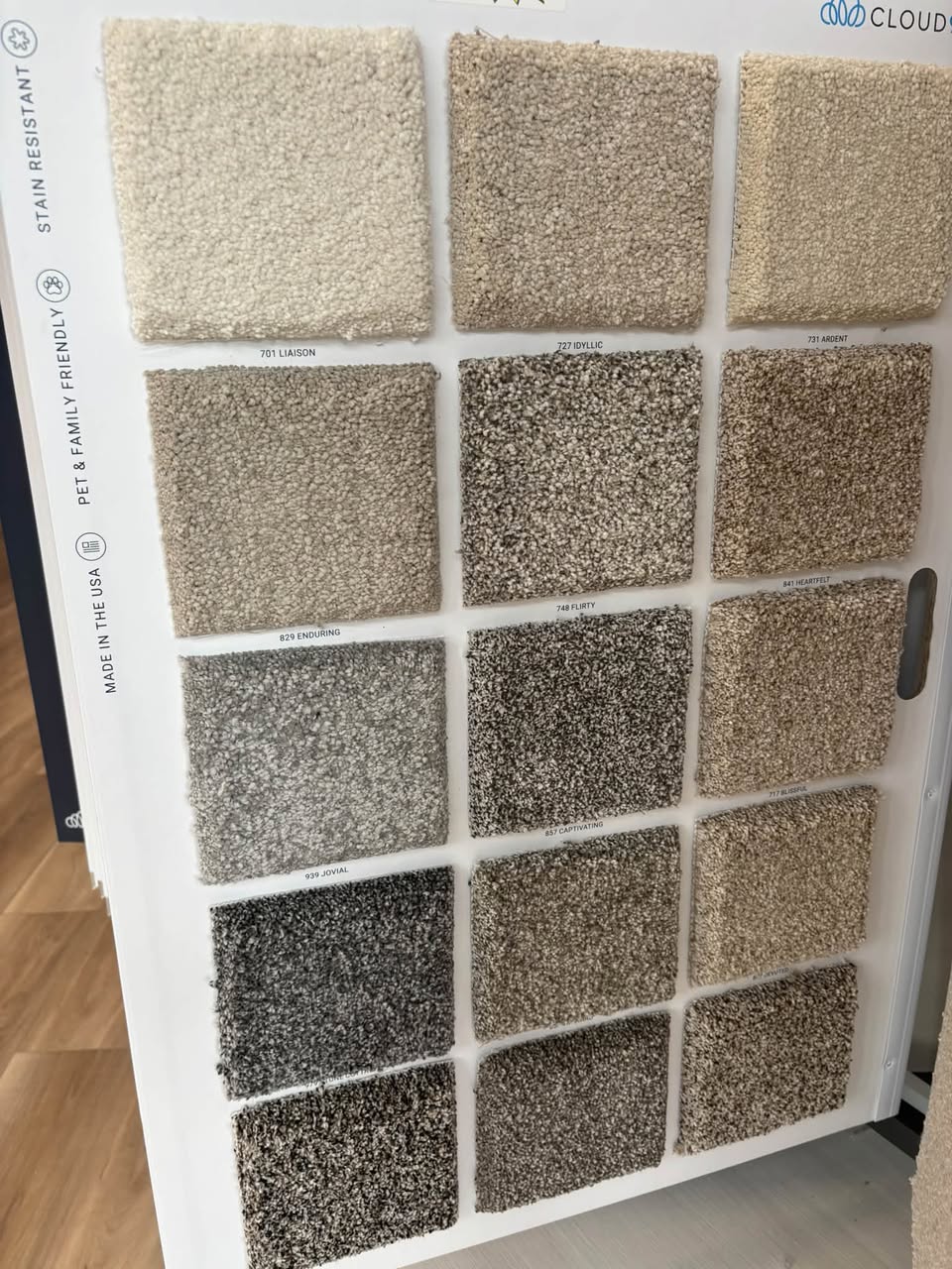 Carpet samples on display in our showroom.