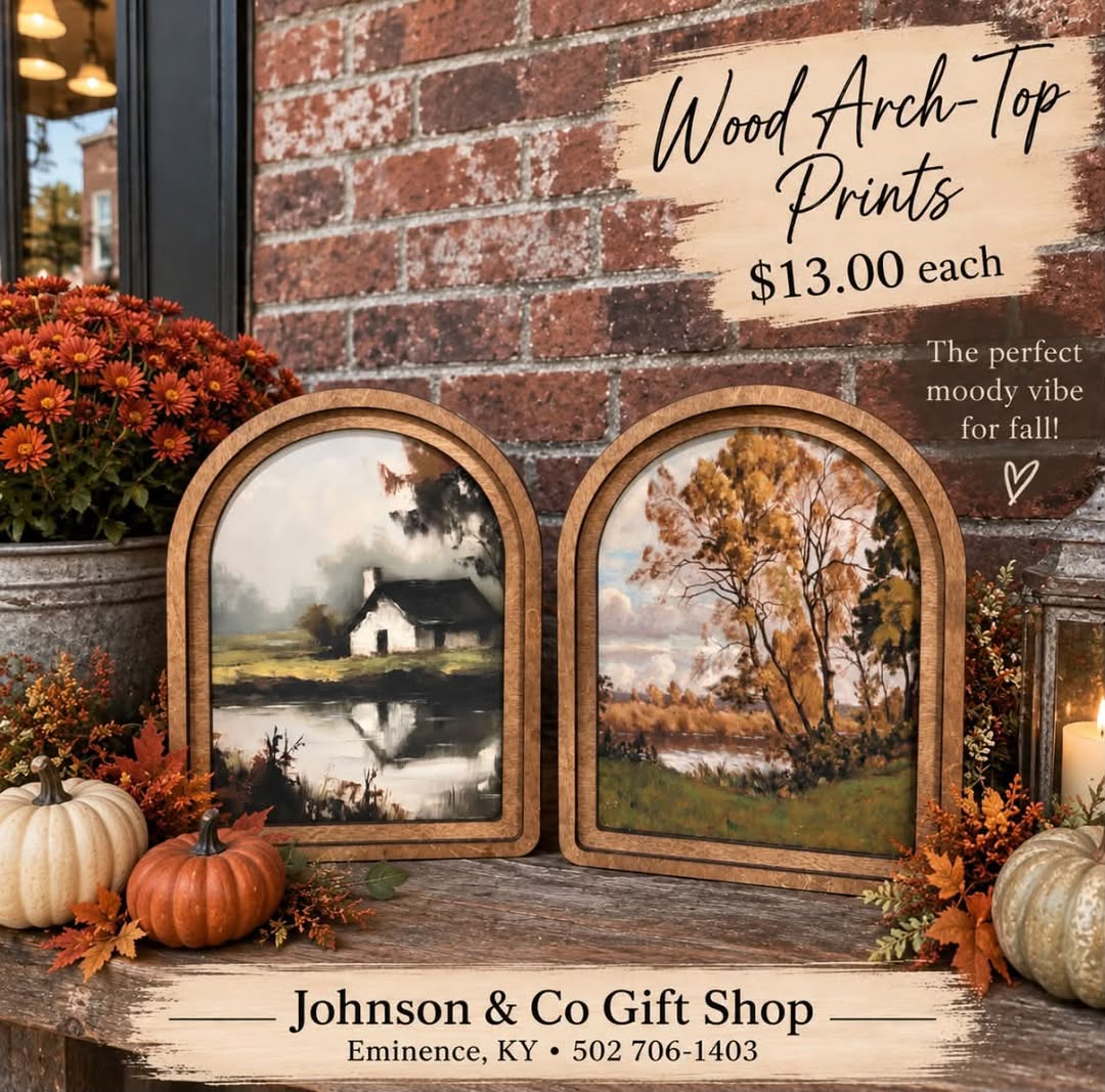 Wood arch-top framed landscape prints, sold individually.