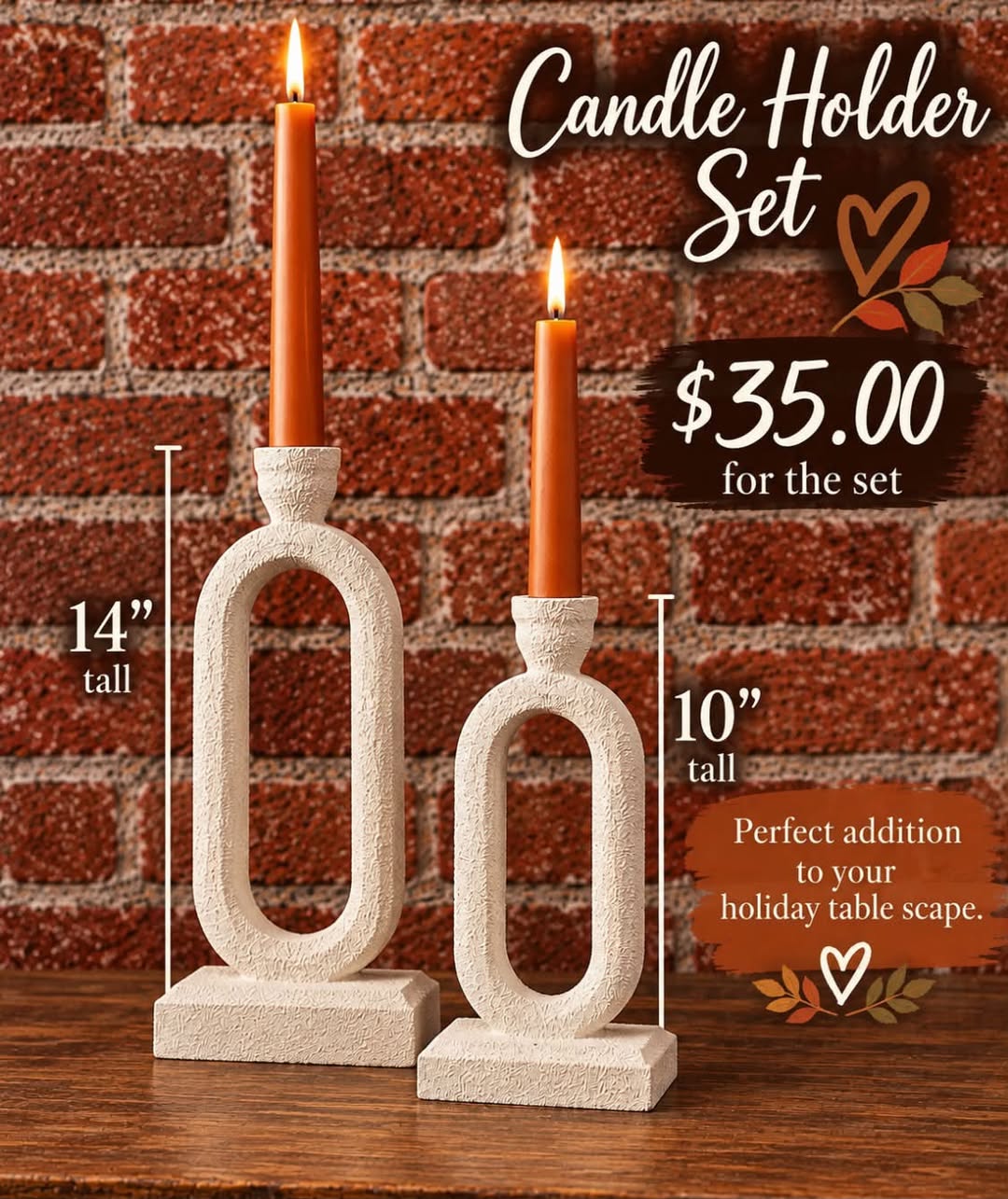 Holiday candle holder set, 14 inch and 10 inch pieces.