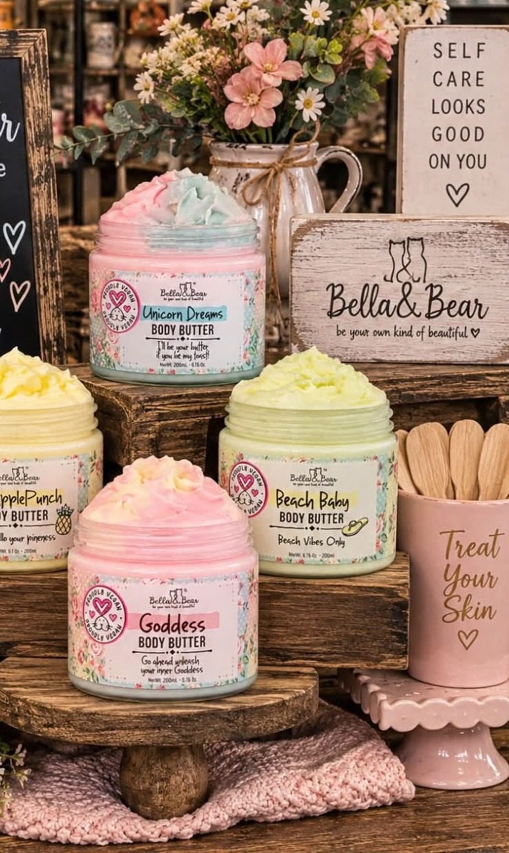 Bella & Bear body butters in several scents on display.