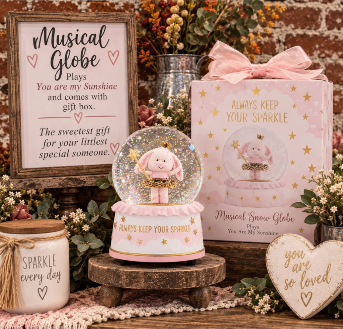 A musical snow globe with a bunny figure, plays You Are My Sunshine.