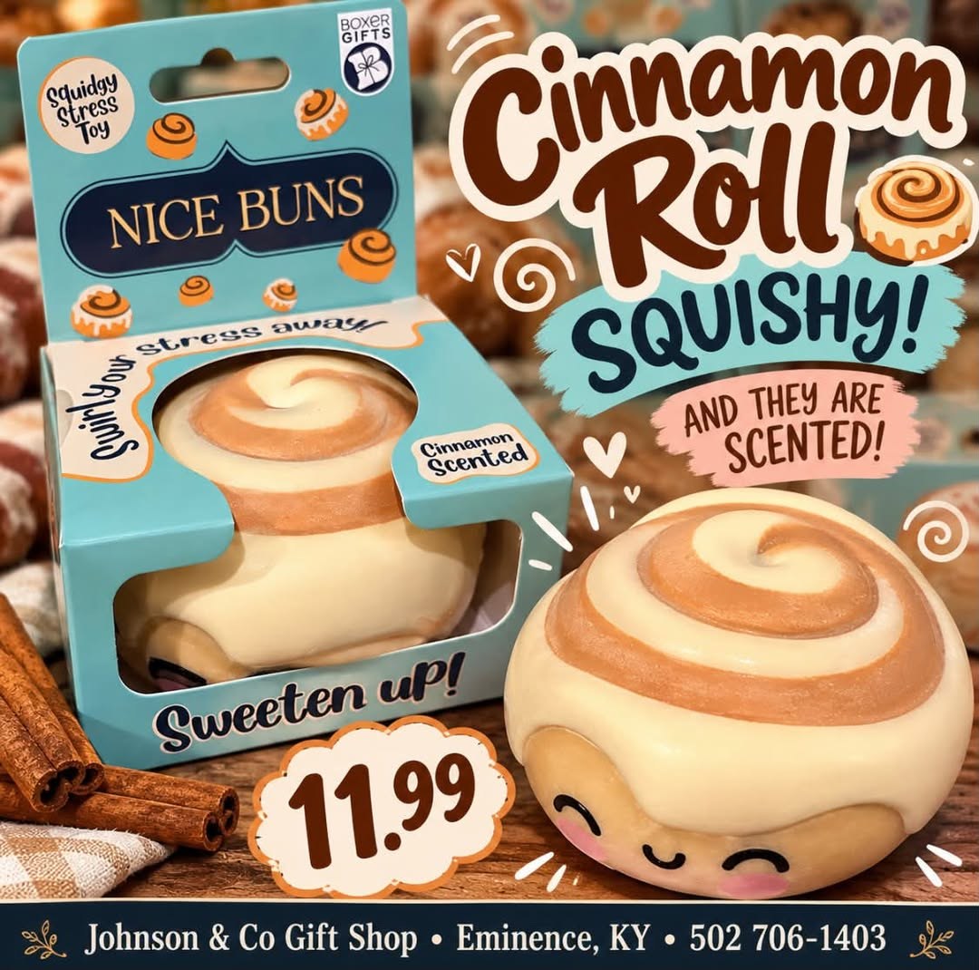 Scented cinnamon roll squishy toy in a Nice Buns box.